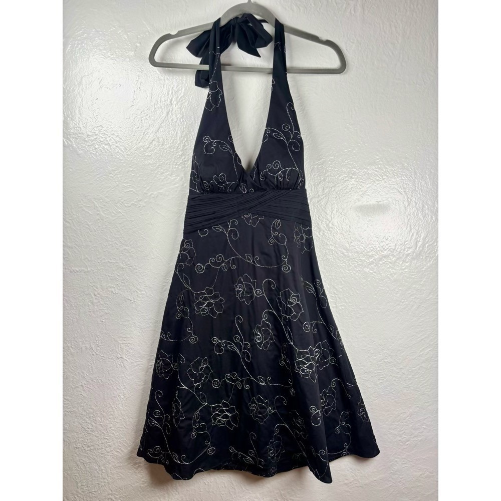 White House Black Market Black Tie Halter Dress Sz 8 Dark Fairy Goth Prom Dance